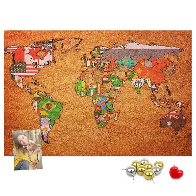 Tableau en liège déco Carte du Monde avec drapeaux