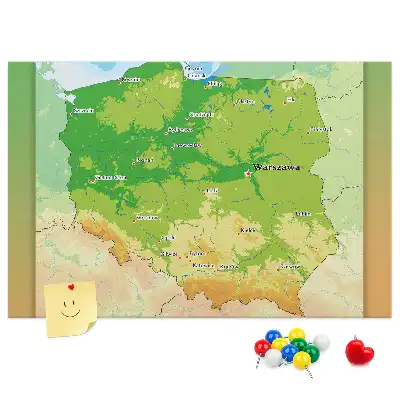 Tableau en liège décoratif avec carte physique de la Pologne