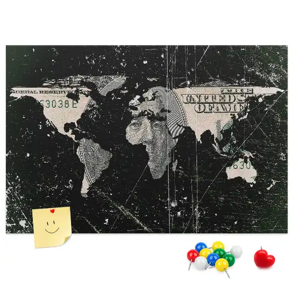 Tableau de liège Carte du monde dollar