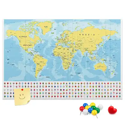 Tableau d’affichage en liège Carte du monde et drapeaux