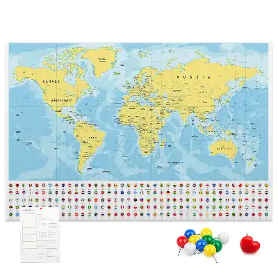 Tableau d’affichage en liège Carte du monde et drapeaux