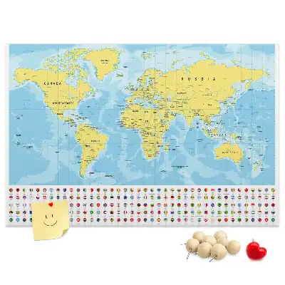 Tableau d’affichage en liège Carte du monde et drapeaux