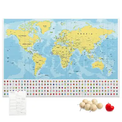 Tableau d’affichage en liège Carte du monde et drapeaux