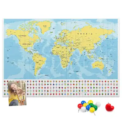 Tableau d’affichage en liège Carte du monde et drapeaux