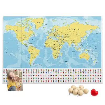 Tableau d’affichage en liège Carte du monde et drapeaux