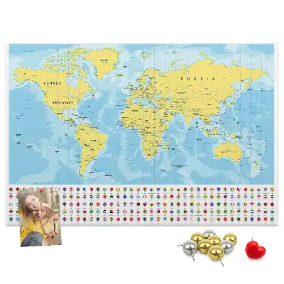Tableau d’affichage en liège Carte du monde et drapeaux