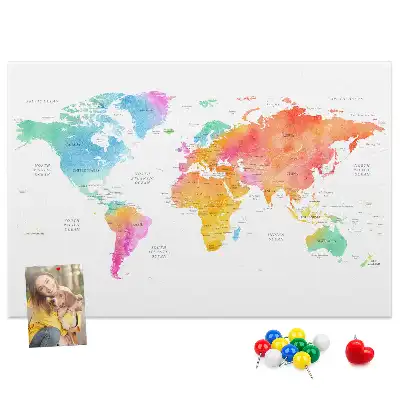 Tableau d’affichage en liège Carte du monde à l'aquarelle