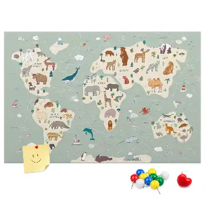Tableau en liège carte du monde avec animaux