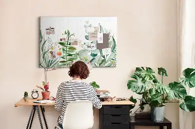 Tableau d’affichage en liège motif feuilles aquarelle