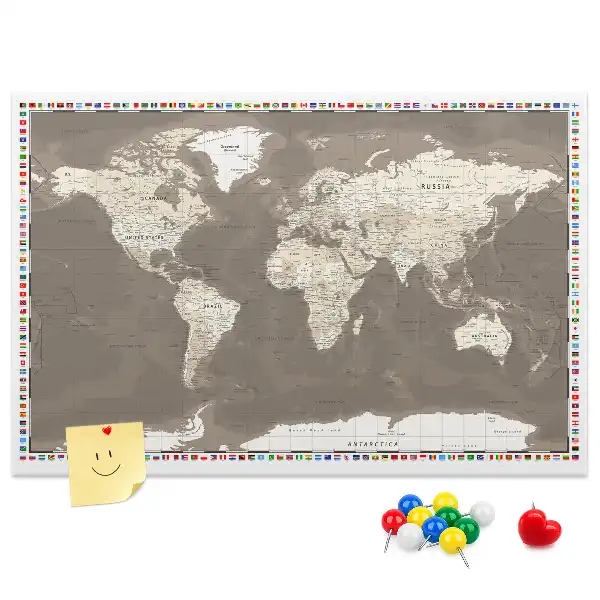Tableau en liège déco Carte du monde marron