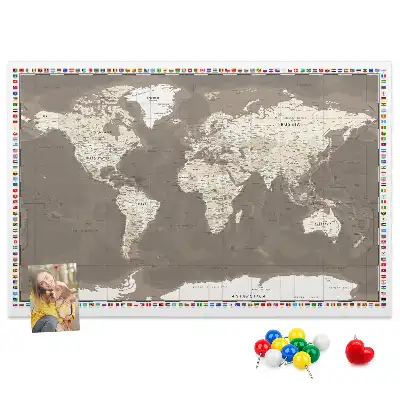 Tableau en liège déco Carte du monde marron