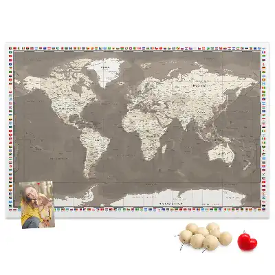 Tableau en liège déco Carte du monde marron