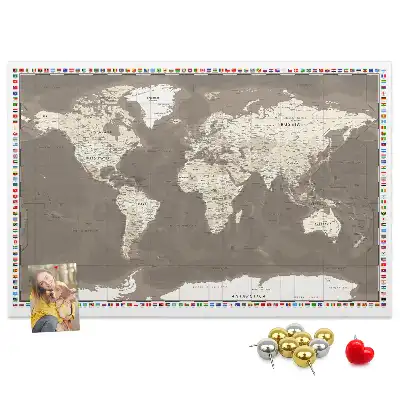 Tableau en liège déco Carte du monde marron