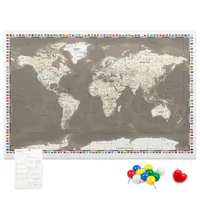 Tableau en liège déco Carte du monde marron