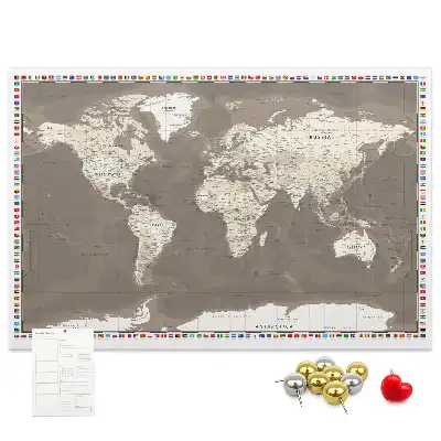 Tableau en liège déco Carte du monde marron