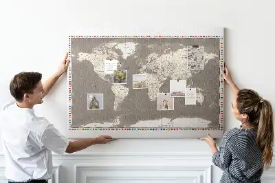 Tableau en liège déco Carte du monde marron