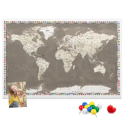 Tableau en liège déco Carte du monde marron