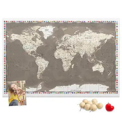 Tableau en liège déco Carte du monde marron