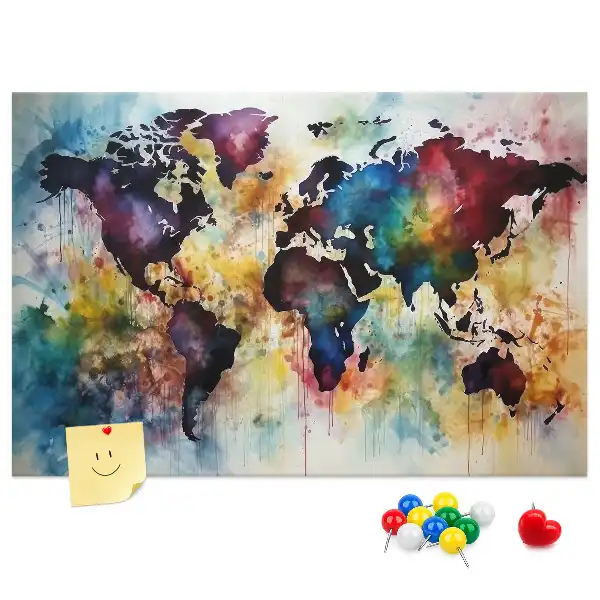 Tableau d'affichage en liège motif carte du monde à l'aquarelle