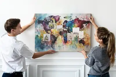 Tableau d'affichage en liège motif carte du monde à l'aquarelle