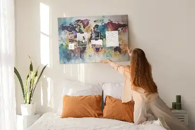 Tableau d'affichage en liège motif carte du monde à l'aquarelle