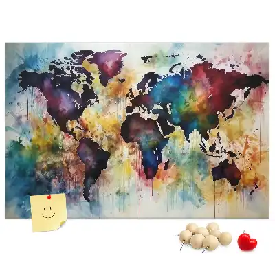 Tableau d'affichage en liège motif carte du monde à l'aquarelle