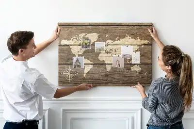 Tableau de liège Continents sur fond en bois