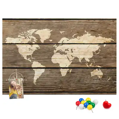 Tableau de liège Continents sur fond en bois
