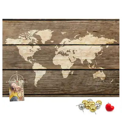 Tableau de liège Continents sur fond en bois
