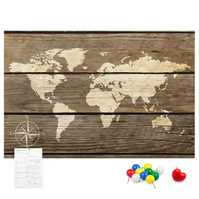 Tableau de liège Continents sur fond en bois