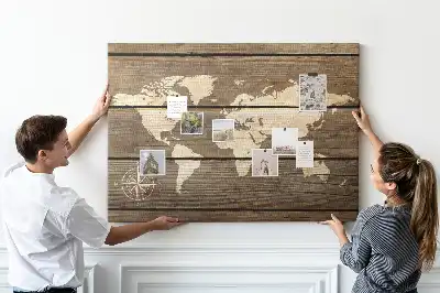 Tableau de liège Continents sur fond en bois