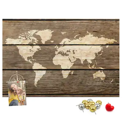 Tableau de liège Continents sur fond en bois