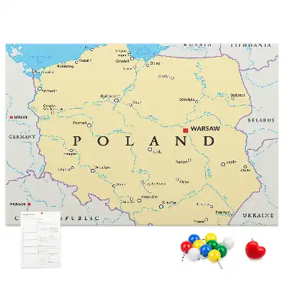 Tableau d'affichage en liège avec carte politique de la Pologne