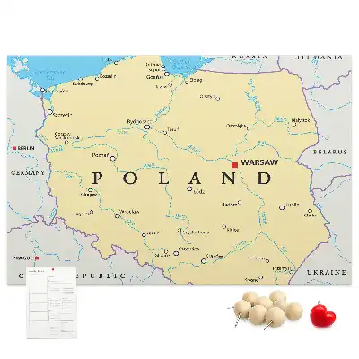Tableau d'affichage en liège avec carte politique de la Pologne