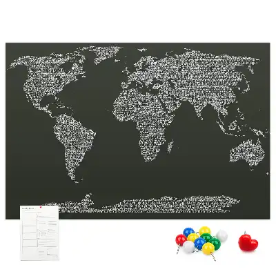 Tableau d'affichage en liège avec les noms des continents