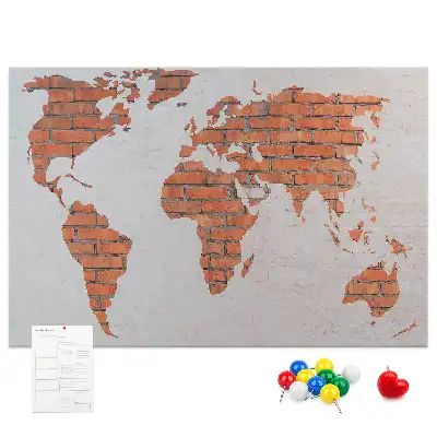Tableau d’affichage en liège motif continents sur fond de brique
