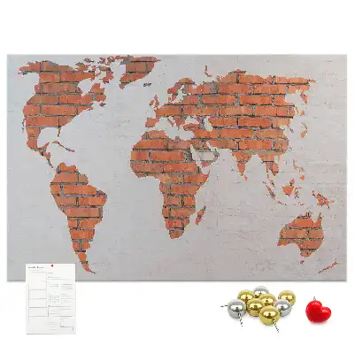 Tableau d’affichage en liège motif continents sur fond de brique