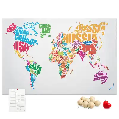 Tableau de liège avec carte du monde et noms de pays colorés