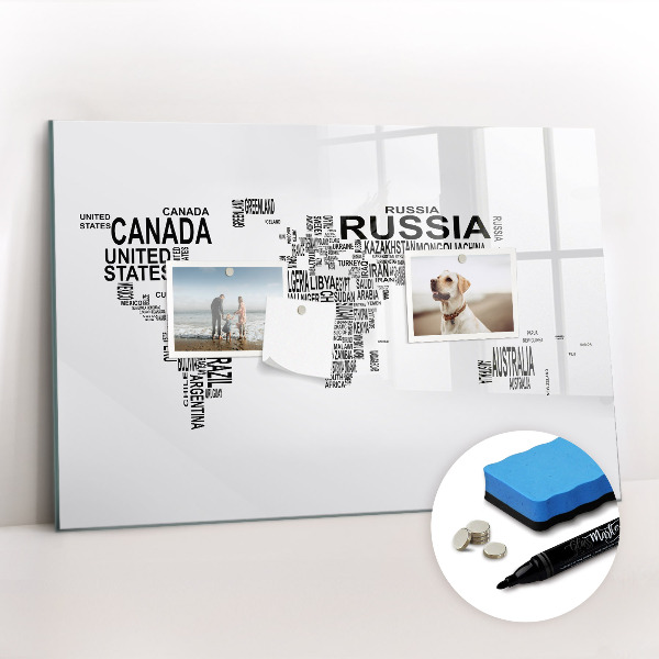 Tableau verre magnétique Des continents faits de lettres