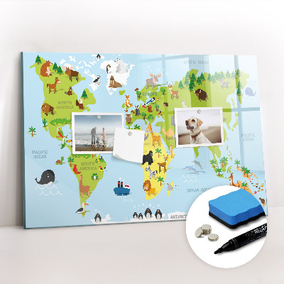 Tableau effaçable magnétique Carte du monde avec des animaux
