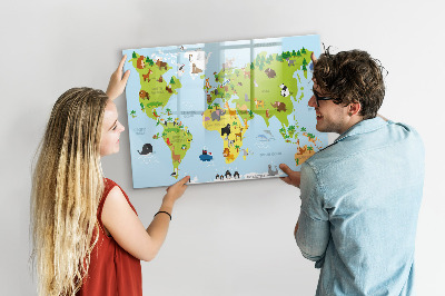 Tableau effaçable magnétique Carte du monde avec des animaux