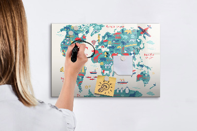 Tableau verre magnétique Carte illustrée du monde