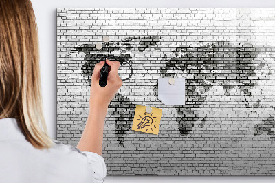 Tableau effaçable magnétique Carte du monde avec un mur de briques