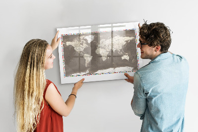 Tableau magnétique mural Carte du monde marron