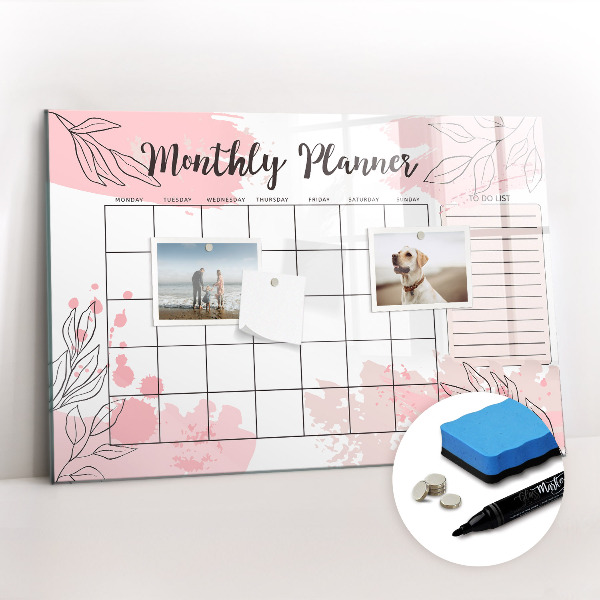 Tableau verre magnétique Agenda mensuel rose