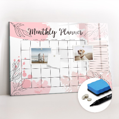 Tableau verre magnétique Agenda mensuel rose