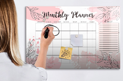 Tableau verre magnétique Agenda mensuel rose