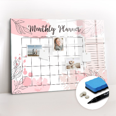 Tableau verre magnétique Agenda mensuel rose