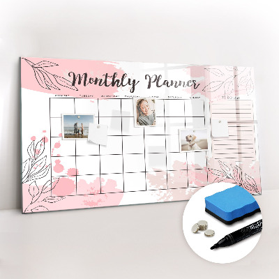Tableau verre magnétique Agenda mensuel rose