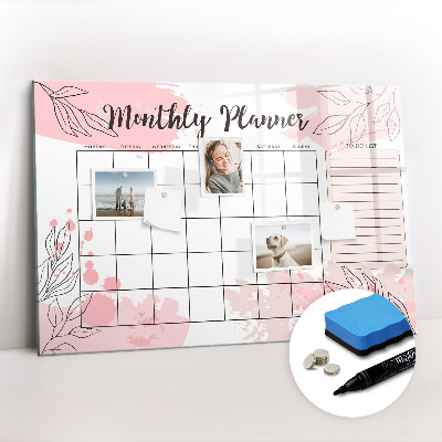 Tableau verre magnétique Agenda mensuel rose